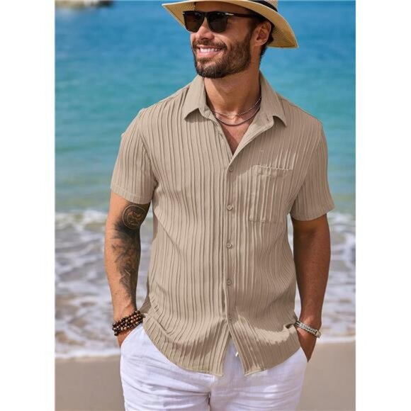 Other - Men Button Down Short Sleeve Shirts Khaki